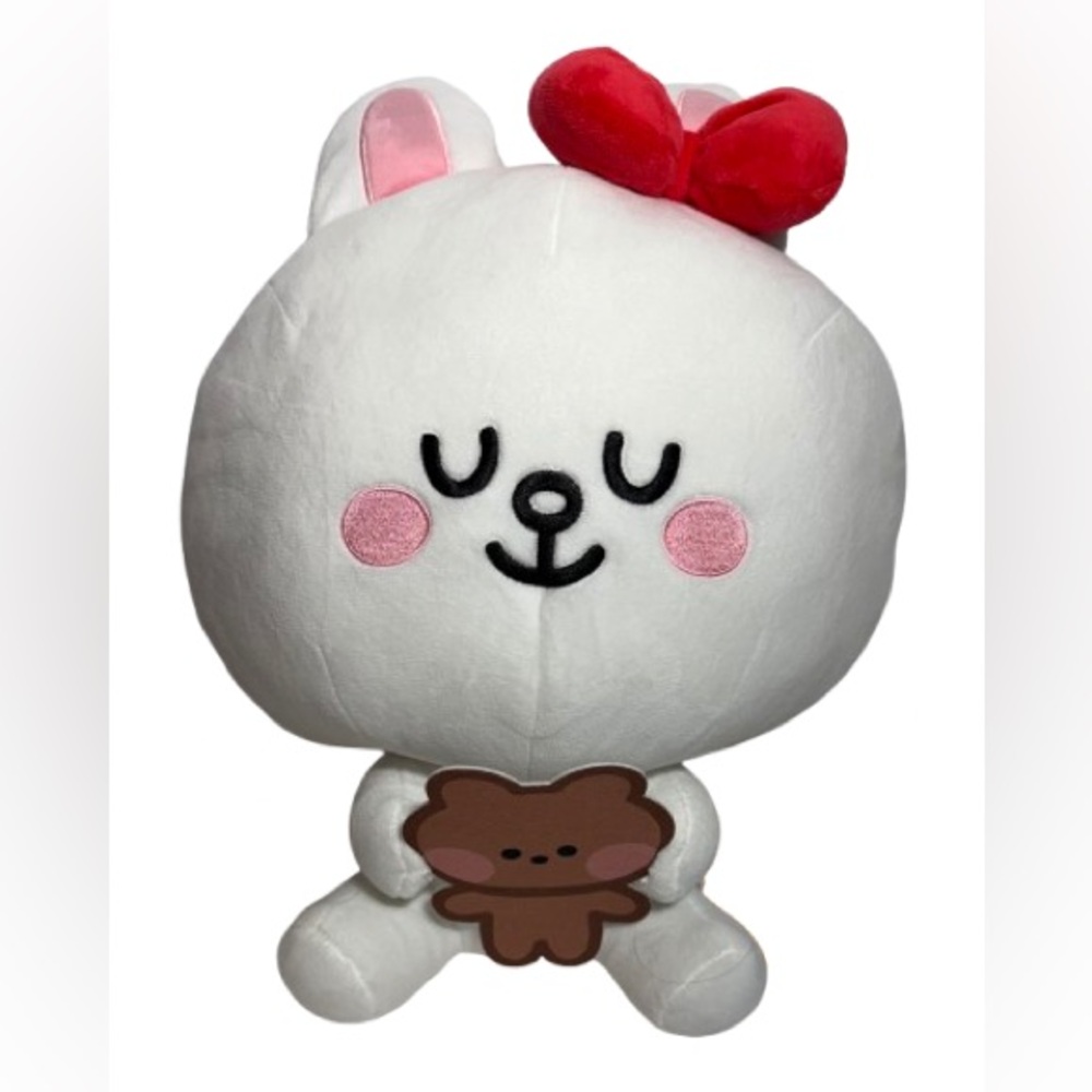 NWT Line Friends White & Pink Plush Bunny Rabbit Toy with Red Bow & Teddy Bear